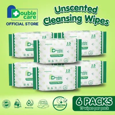 Double Care Cleansing Wipes Unscented 15 Sheets (BUNDLE OF 6 PACKS) | Anti-Bacterial Alcohol-Free Moisturizing | Extra Thick & Soft Gentle Travel Wipes