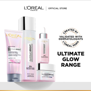 LOreal Paris Glycolic Bright Ultimate Glow Skincare Set: Cleanser 100mL Toner 128mL Serum 30mL Night Cream 50mL - Brightening Fade Dark Spots