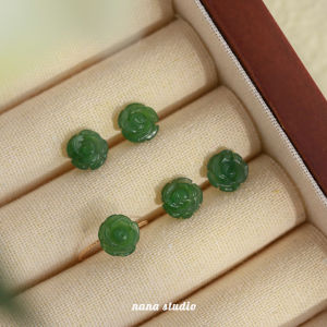 925 Silver Natural Green Jade Rose Earrings Bead Charm Jewellery Fashion Accessories Hand-Carved Man Woman Amulet Gifts 天然碧玉和田玉纯银耳钉女小众设计高级感耳环耳饰复古耳夹