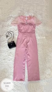 ML809 จั๊มสูทขายาว อกและแขนแต่งผ้าซีทรูลายจุด อกแต่งกระดุมมุก งานซิปหลัง ทรงเข้ารูปสวย