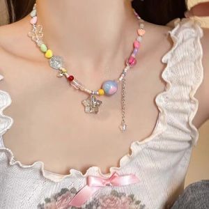 Nicedays🍒Kalung Manik-manik Berwarna-warni Liontin Kupu-kupu Hati Manis Rantai Tulang Selangka Kalung Gadis Serbaguna