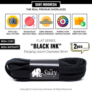 SUAY Tali Sepatu Gepeng Pipih Warna Hitam Tinta Panjang 110cm 8mm - Black Ink FLAT Shoelaces