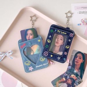 TSEVD Denim Embroidery Korean Photocard Holder Mini Wallet with Keychain Photo Photocard Frame Ins Fashion Casual Idol Card Display Protector Student Friends