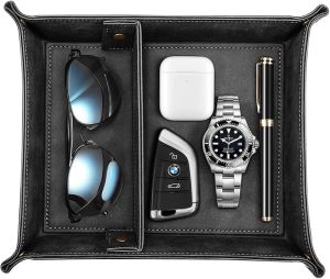 SITHON Valet Tray Desktop Storage Organizer – Removable 2 Compartments Catchall Tray Bedside Vanity Tray Nightstand Caddy Holder Desk Storage Plate Brown