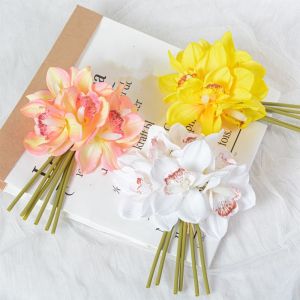 ESFDGL 6 Heads Artificial Large Orchid Bouquet Real Touch Realistic Artificial Cymbidium Flowers Flower Arrangement Handmade Magnolia Branch Home Living Room Decor