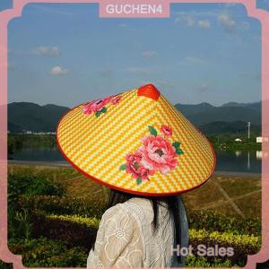 GUCHEN4🎀 Trung Quốc Retro Tre Mây Ngư Dân Hat Handmade Dệt Rơm Xô Hat Mưa Khiêu Vũ Đạo Cụ Nón Che Nắng Hat Nhựa Tre Hat
