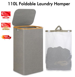 (SG STOCK) 150L Laundry Hamper with Lid Double Laundry Hamper with 2 Removable Bags 2 Section Laundry Basket with Bamboo Handles