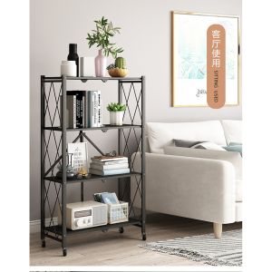 Myelement Kitchen Foldable 3/4/5 Tier Storage Shelves With Wheels Shelf Collapsible Cart Organizer For Home office Store Black color