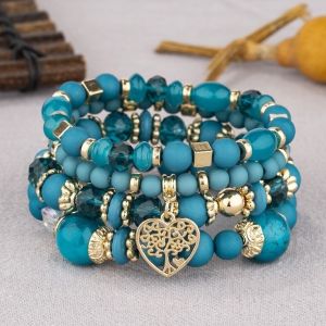 MANNYI Crystal Bohemian Beads Bracelet Colorful Ethnic Style Multi-Layer Bracelets Wristabands Heart Charm Women Bangle Set Women