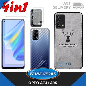 Case OPPO A74 / OPPO A95 2021 Paket 4in1 Softcase Deer Cloth Free Tempered Glass Layar Camera & Skin Carbon