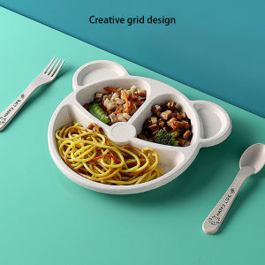 JUNCHUANG ชุดช้อนส้อมชุดจานอาหารการ์ตูนหมีฟางข้าวสาลีโต๊ะอาหารเด็กจานอาหารน่ารักช้อนส้อมชุดสามชิ้น（1ส้อม+1ช้อน+1จานอาหาร）