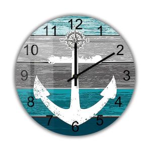 Sacesr Sailing Ship Anchor Wooden Texture Printed Silent Wall Clock For Lake House Beach Nautical Home Decor Wall Watch Sailors Gift 3M8Q4