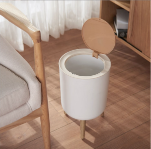 Nordic Minimalist White & Wood Large Capacity Living Room Bedroom Press Aesthetic Trash Can