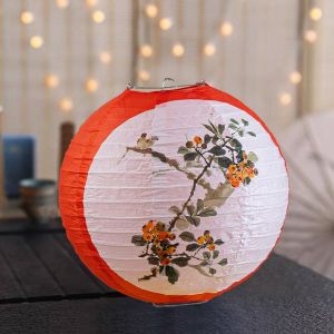 IEFE5 Luminous Chinese Mid Autumn Lantern Hanging Traditional Round Paper Lantern Handheld Lantern Good Luck Festival Antique Lantern Mid-Autumn Festival