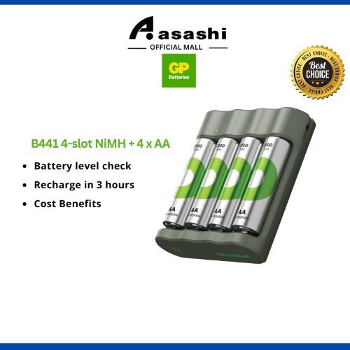 GP ReCyko Charger (USB) B441 4-slot NiMH + 4 x AA 2,100mAh NiMH Batteries GPB441/210HCER21