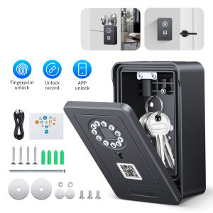 Smart Key Box Fingerprint Password Safe Deposit Box Wall Mounted Lockbox Bluetooth Connection Works with OKLOK APP