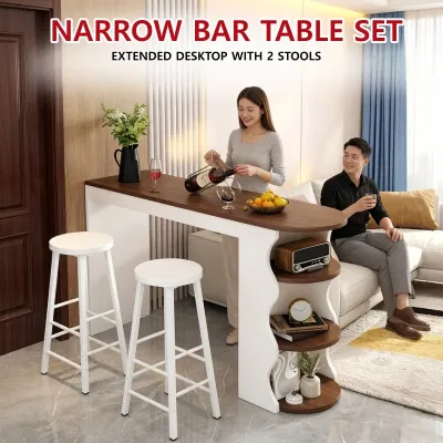 Bar Table with 2 Chairs Set High Long Dining Table Narrow Bar Counter for Home Kitchen Living Room