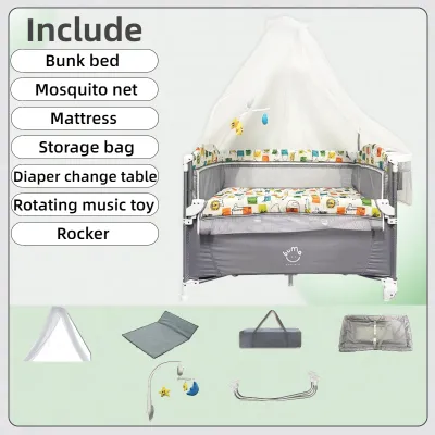 Crib for Kids Multifunctional Baby Crib and Playpen 2 Layer with Mosquito Net Diaper Changing Station Foldable Baby Bed with Diaper Table Kid Game Bed