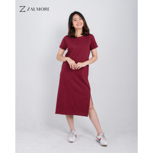 Zalmore Midi Basic Dress with Slit Premium LUMA Cotton - Dress Wanita Lembut Ringan Sejuk Anti Nerawang