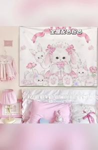 Girly Dream Original Design Cupid Rabbit Bear Wall Hanging Cute Background Cloth for Bedside Dormitory Girly Heart Tapestry