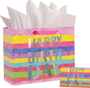 PAPER BAG ULANG TAHUN MOTIF Garis Warna warni PREMIUM JUMBO BESAR TEBAL Tas Hadiah Ulang Tahun UNGU dengan Tisu dan Kartu Ucapan SET Kertas Kado Souvenir Packaging Kraft TAS JINJING HANDLE