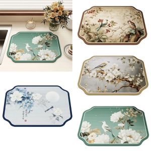 CANICECA Heat Resistant Dish Drying Mat Flower Bird Pattern Washable Tableware Draining Pad Quick Dry Floral Placemat Kitchen Dining