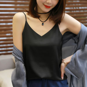 (Cle) Alisa.Sonya Satin Silk Like V-neck Cami Top for Women Sleeveless Loose Casual Summer Vest