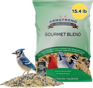 ผสมอาหารสำหรับนก 15.4 ปอนด์ - ประกอบด้วยข้าวฟ่างขาวและแดง ข้าวโพดตัด ข้าวสาลี ทานตะวันน้ำมันดำ ทานตะวันลาย ถั่วลิสง และดอกคำฝอย สำหรับนกบลูเจย์และนกนอร์เทิร์นคาร์ดินัล