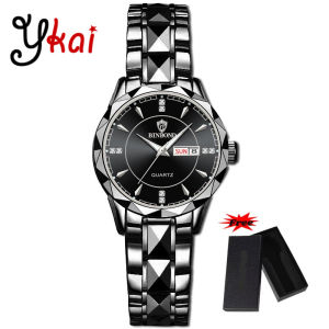 [With Free Box]Ykai Fashion Womens Watches Luxury Brand Dual Calendar Luminous Prismatic Diamond Dial Stainless Steel Strap Waterproof Quartz Wristwatch Fashion Casual Golden Watch B5552W