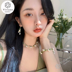 Viviann Original Pearl Lily of the Valley Flower Bracelet Necklace Earrings Summer INS New Premium Bracelet Necklace Clavicle Chain Earrings Jewelry Sets Pearl Sets For Women Party Jewelry Gift