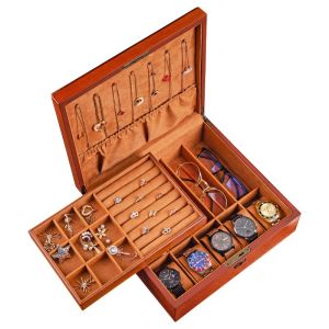 Roll_n_Rotate Fraxinus ash wooden jewelry box with lock large capacity watch necklace ear button cuff button bracelet jewelry storage box watch box wooden box