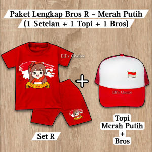 PAKET LENGKAP SETELAN + TOPI BROS ANAK 17 AGUSTUS KEMERDEKAAN INDONESIA SETELAN MERAH PUTIH HUT RI