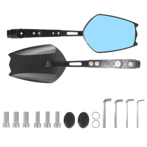 Rearview Mirror Anti-Glare Blue Lens Multi-Angle Adjustable Durable & Sturdy CNC Aluminum Alloy Bracket Clear Vision Safe Riding Wider View More Confidence