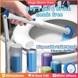 6pcs Disposable Toilet Brush Wall Mounted Toilet Cleaning Brush Toilet Sponge Brush with Replaceable Brush Head 360 Revolving Toilet Brush