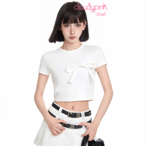Áo croptop trơn đính nơ cotton co giãn cotton dày xịn – Cloudy Pink