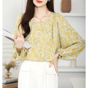 Ammin 2024 Mùa Xuân/Mùa Hè Vòng cổ đơn giản Thời Trang R Ngọt Ngào nhuộm kiểu cột thắt in hoa Lười Biếng tay áo phồng Áo voan Người Phụ Nữ phong cách Hàn Quốc Tay áo dài áo blouse thanh lịch