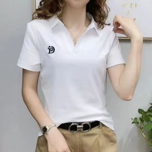 Womens POLO Shirt 2024 Summer Fashionable Casual V-neck Short Sleeved T-shirt Casual Versatile Large Shirt Temperament Slim Fit Loose Top