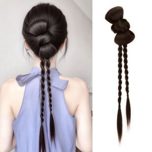 REEBO Bow Chignon Flower Bun Head Wig Synthetic Boxing Braided Twist Braid Wig Fashion Fluffy Pony Tail Hairpiece Women