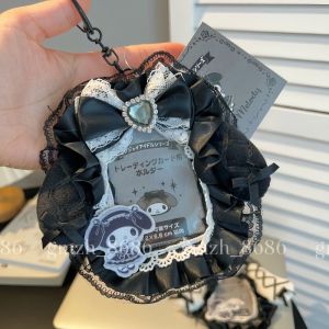 Hello Kitty Kuromi Anime Dark Series Melody Lace Bow Storage Card Holder Bag Decoration Pendant Cute ID Card Bag Key Chain