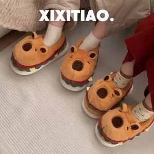 XIXITIAO รองเท้าแตะคู่ผ้าฝ้ายรองเท้าแตะผ้าฝ้ายในร่มน่ารักแฮมเบอร์เกอร์ Capybara สำหรับผู้ชายและผู้หญิงห้องนอนอบอุ่นสบายส้นปิดรองเท้าขนสัตว์ฤดูหนาว