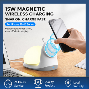Magnetic Wireless Charging Stand for iPhone 12-16 15W Fast Charging Warm Ambient Night Light Tap-Controlled Glow Compact Desk & Bedside 2-in-1