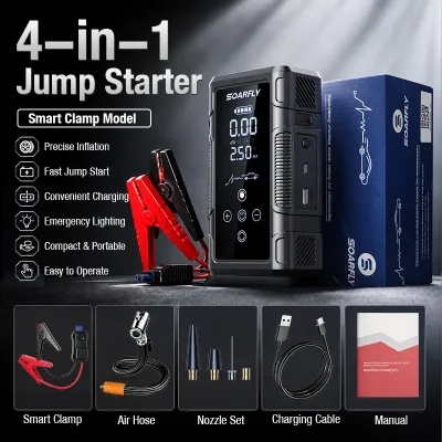 SOARFLY 4in1 Car Jump Starter with Built-in Air Compressor Tire Inflator LED Flashlight Power Bank