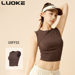 Luoke 运动衣 New Double-sided Pleated Ribbed Sleeveless Top with Slim Fit and Quick Drying Waist Tightening Yoga Sports Vest for Women