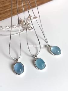 Dây chuyền đá Aquamarine tự nhiên nữ 925 Bạc ins Trang sức bạc dây xương rắn mặt giọt nước hình bầu dục phong cách tối giản độc đáo.