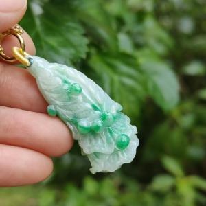 Rare Translucent Near White with Green Patches Natural Type A Jadeite pendant with NGI Gemstone report weight 72.19 grams 44.87 * 20.83 * 14.52 mm carved as cabbage with Gravity at 3.33 fine grain crystal aggregate suitable for daily wear (pendant127)