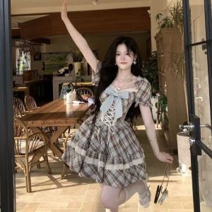 #COD Dress for women Korean Square Neck Ruffle Puffy Sleeve Dress Bow Plaid Princess Dress Mini Dress