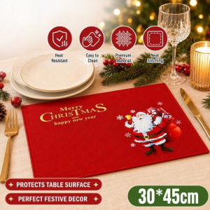 Christmas Table Placemat Santa Merry Christmas Print Heat Resistant Polyester Dining Table Mat