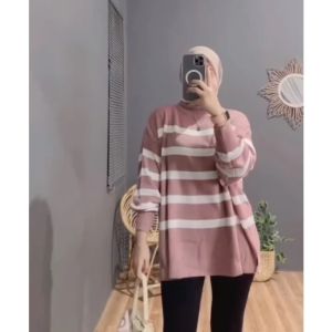 Sweater Rajut Oversize Motif Garis Polos Gaya Korea