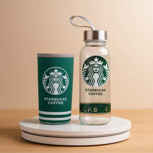 FREE POUCH Botol Minum Kaca STARBUCKS 300ml - Botol Kaca Tumbler Motif Starbuck Gratis Pouch