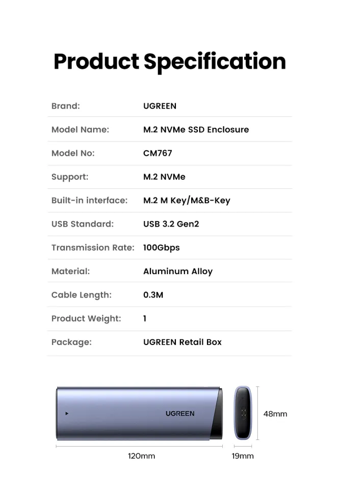 UGREEN 10Gbps Dual Protocol M.2 NVME and SATA SSD Case USB3.2 Gen2 Compatible with M.2 M-Key(NVME)/M&B-Key(SATA) Model: 15813